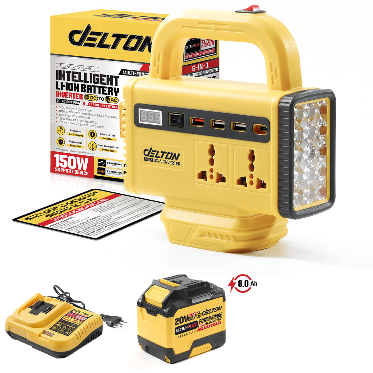 เครื่องแปลงไฟ (พร้อมแบตเตอรี่) DELTON รุ่น DC-AC150W-PRO ULTRAFLEX 20V 8AH_1